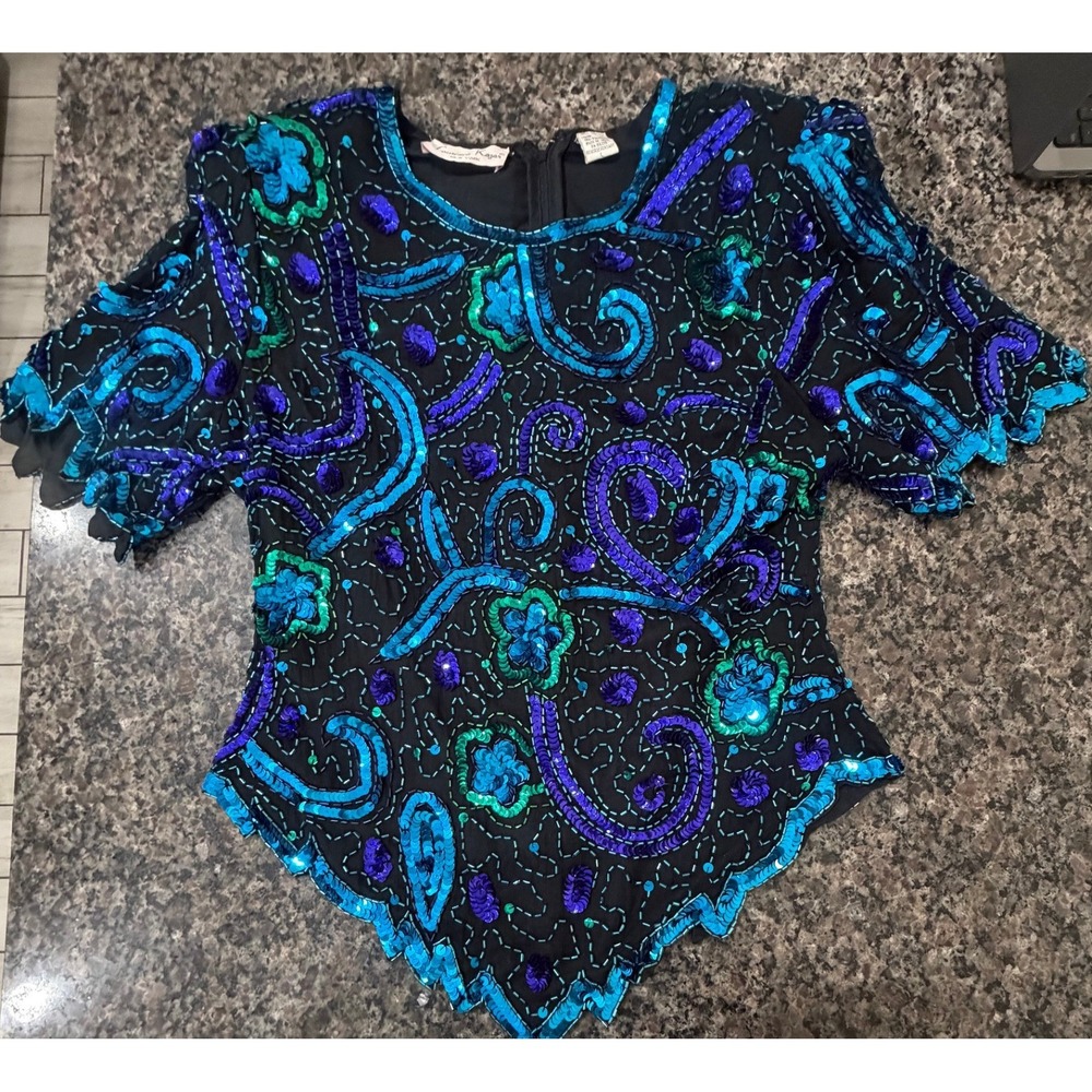 Laurence Kazar Vintage Beaded Silk Top Blue Green Sequin Evening Blouse Large